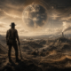 KI-generiertes Bild: Ein Mann im Cowboyhut mit Spitzhacke blickt auf eine Berg- und Industrielandschaft, darüber schwebt ein Globus mit Datenvisualisierungen – Sinnbild für Arbeit und ökonomisches Denken.