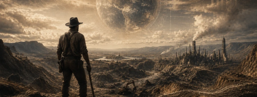 KI-generiertes Bild: Ein Mann im Cowboyhut mit Spitzhacke blickt auf eine Berg- und Industrielandschaft, darüber schwebt ein Globus mit Datenvisualisierungen – Sinnbild für Arbeit und ökonomisches Denken.