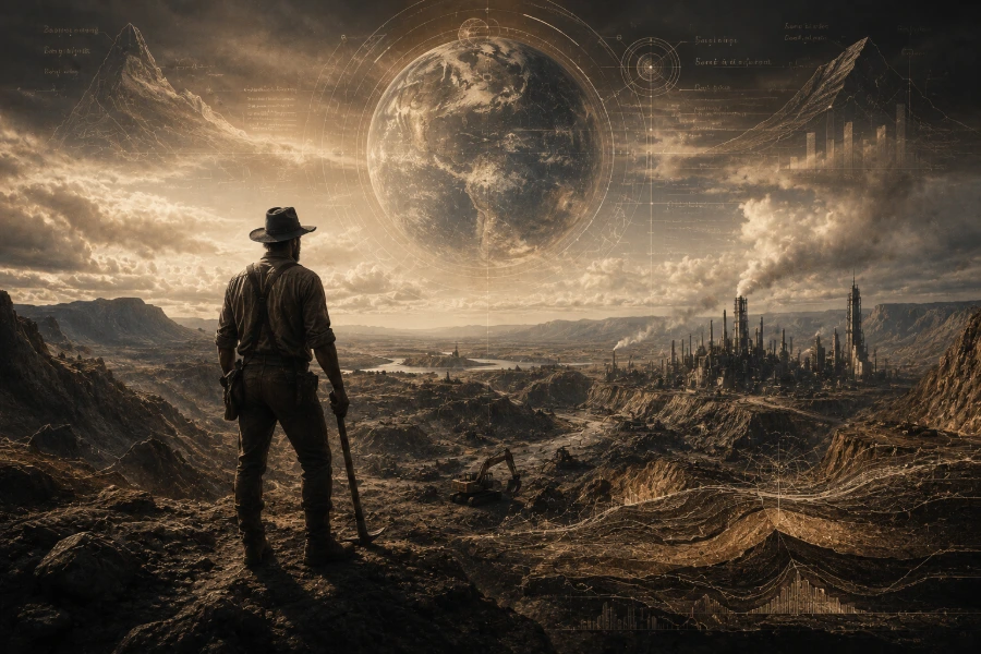 eines-denkenden-und-arbeitenden-Menschen KI-generiertes Bild: Ein Mann im Cowboyhut mit Spitzhacke blickt auf eine Berg- und Industrielandschaft, darüber schwebt ein Globus mit Datenvisualisierungen – Sinnbild für Arbeit und ökonomisches Denken.