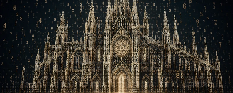 Gotische Kathedrale, aus fallenden Zahlenkolonnen geformt, als Sinnbild für scheinbar solide Kennzahlen-Konstruktionen