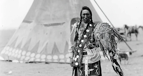 Historische Schwarz-Weiß-Fotografie: Ein Mann in traditioneller indigener Kleidung mit Perlenstickerei steht vor einem Tipi und hält einen Federfächer in der Hand