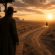 KI-generiertes Bild: Ein Mann im Cowboyhut sitzt abends auf der Veranda und blickt auf den Sonnenuntergang – Sinnbild für das Warten der Bewerber im Einstellungsprozess.
