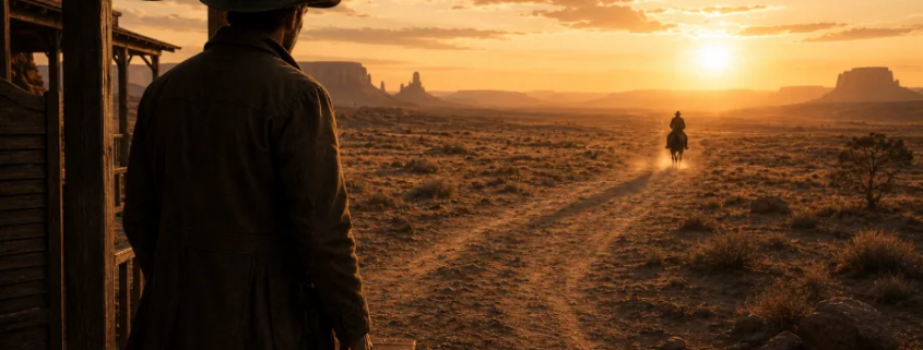 KI-generiertes Bild: Ein Mann im Cowboyhut sitzt abends auf der Veranda und blickt auf den Sonnenuntergang – Sinnbild für das Warten der Bewerber im Einstellungsprozess.