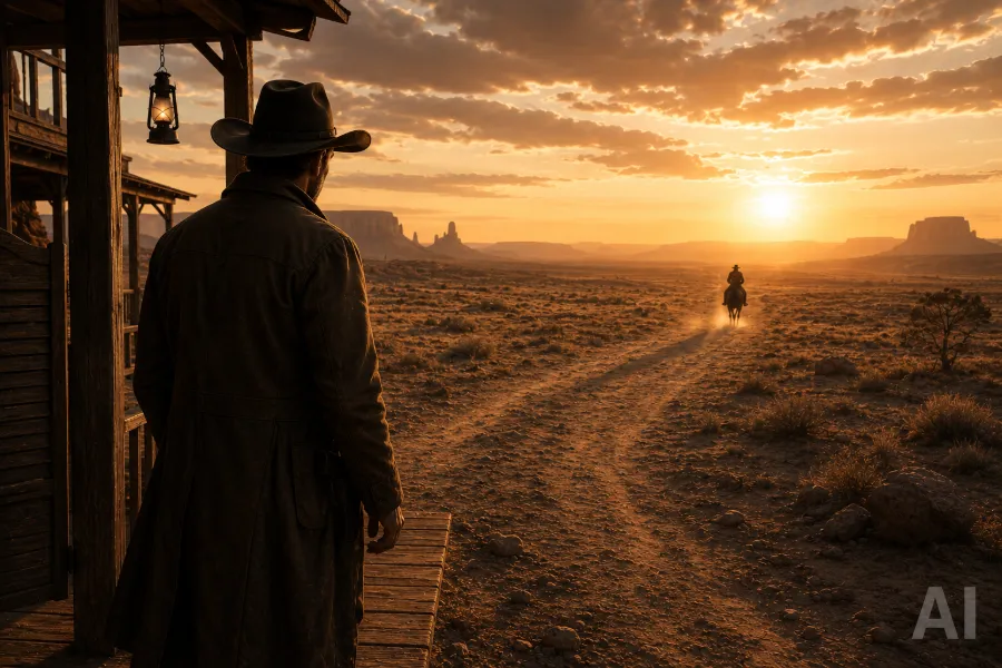 KI-generiertes Bild: Ein Mann im Cowboyhut sitzt abends auf der Veranda und blickt auf den Sonnenuntergang – Sinnbild für das Warten der Bewerber im Einstellungsprozess.