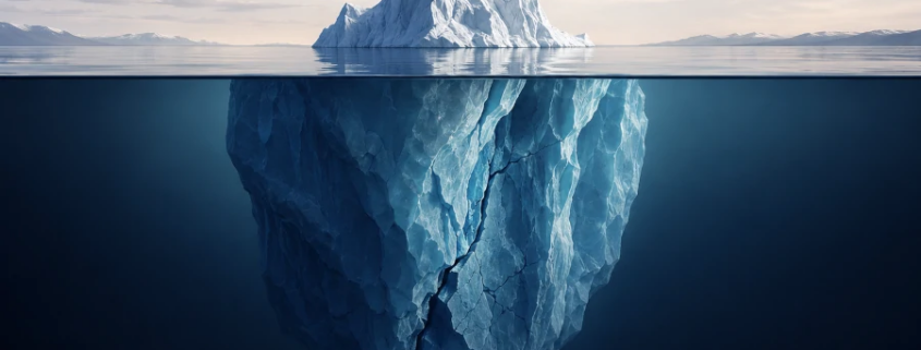Eisberg mit kleiner sichtbarer Spitze über der Wasseroberfläche und einer weit größeren, verborgenen Masse darunter – Sinnbild für unsichtbare Vakanzen im Arbeitsmarkt