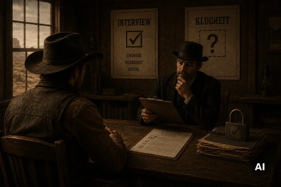 KI-generiertes Bild: Ein Interviewer im Western-Stil befragt einen Bewerber, an der Wand Poster „Interview“ (Eindruck, Sicherheit, Gefühl) und „Klugheit“ (Fragezeichen) – Sinnbild für Scheinsicherheit durch Interviews.