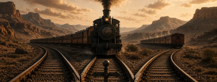 KI-generiertes Bild: Eine Dampflokomotive im Western-Stil erreicht eine Weiche in der Wüste und die Gleise teilen sich in zwei Richtungen – Sinnbild dafür, dass eine Rangliste zwei Zahlen gleichzeitig antreibt.