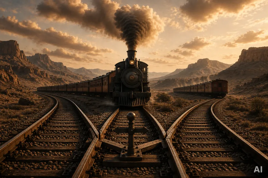 KI-generiertes Bild: Eine Dampflokomotive im Western-Stil erreicht eine Weiche in der Wüste und die Gleise teilen sich in zwei Richtungen – Sinnbild dafür, dass eine Rangliste zwei Zahlen gleichzeitig antreibt.