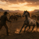 KI-generiertes Bild: Ein Cowboy hält ein sich aufbäumendes, energiegeladenes Pferd am Lasso, während die übrige Herde ruhig im Corral steht – symbolisch für den Verkäufer, der sich von der Masse abhebt.