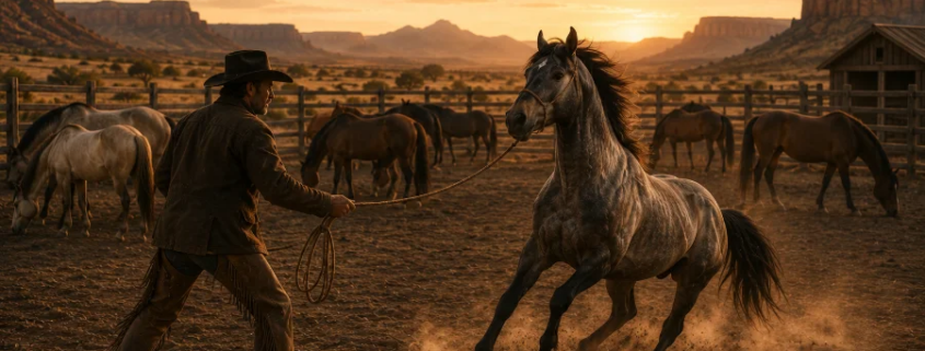 KI-generiertes Bild: Ein Cowboy hält ein sich aufbäumendes, energiegeladenes Pferd am Lasso, während die übrige Herde ruhig im Corral steht – symbolisch für den Verkäufer, der sich von der Masse abhebt.