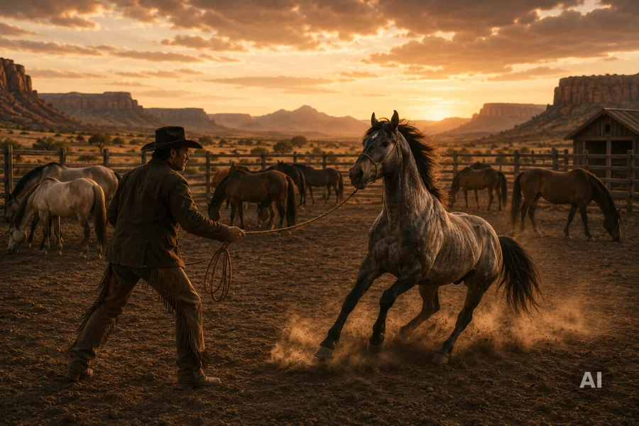 KI-generiertes Bild: Ein Cowboy hält ein sich aufbäumendes, energiegeladenes Pferd am Lasso, während die übrige Herde ruhig im Corral steht – symbolisch für den Verkäufer, der sich von der Masse abhebt.