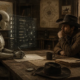KI-generiertes Bild: Ein Cowboy sitzt an einem Holztisch einem humanoiden Roboter gegenüber, der eine Kandidaten-Datenanalyse zeigt – Sinnbild für KI-gestützte Auswahl im Vergleich zum menschlichen Urteil.