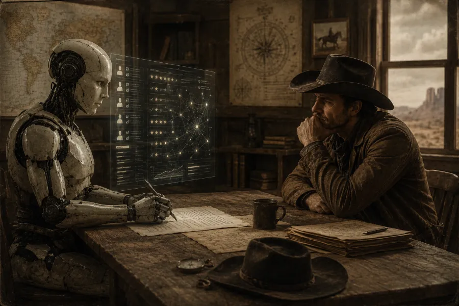 KI-generiertes Bild: Ein Cowboy sitzt an einem Holztisch einem humanoiden Roboter gegenüber, der eine Kandidaten-Datenanalyse zeigt – Sinnbild für KI-gestützte Auswahl im Vergleich zum menschlichen Urteil.