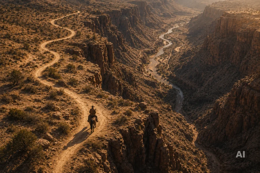 KI-generiertes Bild: Ein einzelner Reiter auf einem gewundenen Wüstenpfad entlang einer Schlucht – Sinnbild für den individuellen Weg eines Menschen.