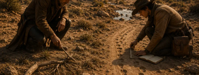 KI-generiertes Bild: Zwei Cowboys untersuchen im Western-Stil Fußspuren in der Wüste – einer intuitiv mit einem Stock, der andere methodisch mit einem Notizbuch – Sinnbild für unterschiedliche Formen des Urteilens.