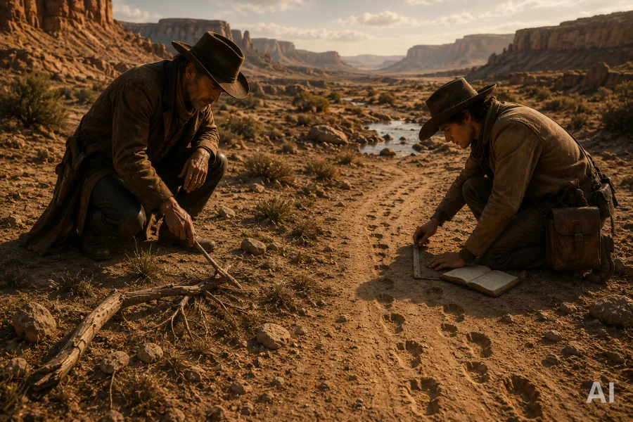 KI-generiertes Bild: Zwei Cowboys untersuchen im Western-Stil Fußspuren in der Wüste – einer intuitiv mit einem Stock, der andere methodisch mit einem Notizbuch – Sinnbild für unterschiedliche Formen des Urteilens.