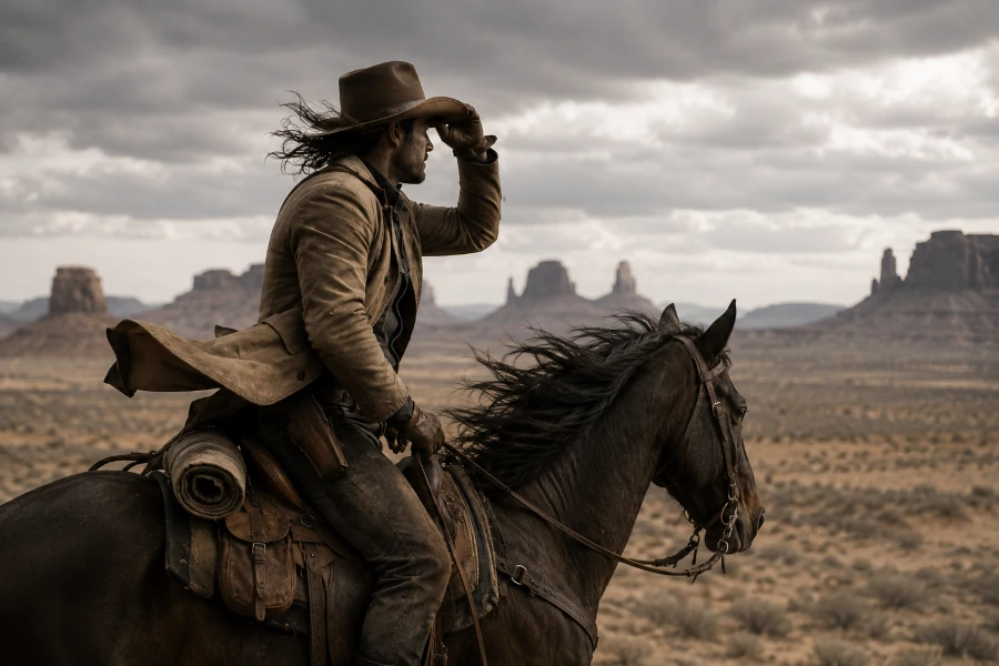 wo-sind-die-chefs Ein Cowboy zu Pferd hält sich schützend die Hand an den Hut und blickt in eine weite, karge Wüstenlandschaft mit Felsformationen – Sinnbild für die Suche nach Führungskräften