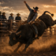 KI-generiertes Bild: Ein Cowboy reitet einen wild bockenden Bullen bei Sonnenuntergang, während andere Cowboys am Zaun zusehen – symbolisch dafür, dass der schwierigste Kunde den größten Lerneffekt bietet, während andere nur zuschauen.