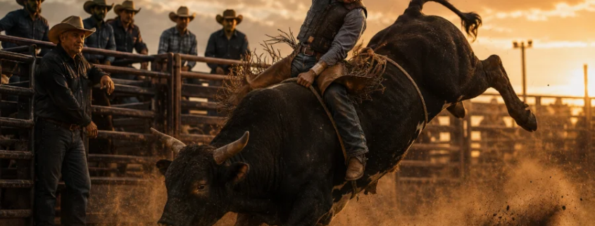 KI-generiertes Bild: Ein Cowboy reitet einen wild bockenden Bullen bei Sonnenuntergang, während andere Cowboys am Zaun zusehen – symbolisch dafür, dass der schwierigste Kunde den größten Lerneffekt bietet, während andere nur zuschauen.