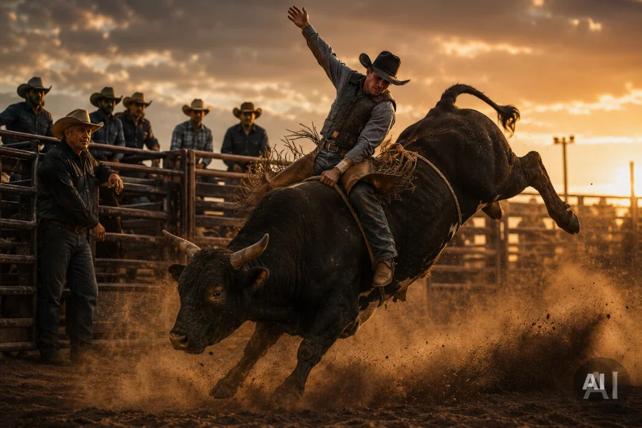KI-generiertes Bild: Ein Cowboy reitet einen wild bockenden Bullen bei Sonnenuntergang, während andere Cowboys am Zaun zusehen – symbolisch dafür, dass der schwierigste Kunde den größten Lerneffekt bietet, während andere nur zuschauen.