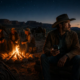 KI-generiertes Bild: Ein Cowboy sitzt abseits der Gruppe am Lagerfeuer und blickt nachdenklich auf sein leuchtendes Smartphone, während die anderen ins Gespräch vertieft sind – symbolisch dafür, dass der Top-Verkäufer innerlich oft schon gekündigt hat, bevor das Gespräch mit dem Headhunter stattfindet.