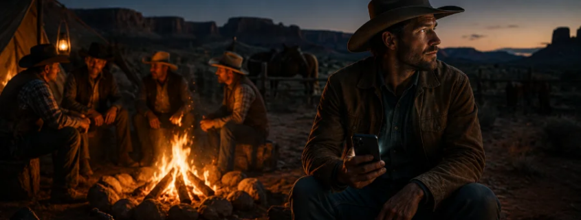 KI-generiertes Bild: Ein Cowboy sitzt abseits der Gruppe am Lagerfeuer und blickt nachdenklich auf sein leuchtendes Smartphone, während die anderen ins Gespräch vertieft sind – symbolisch dafür, dass der Top-Verkäufer innerlich oft schon gekündigt hat, bevor das Gespräch mit dem Headhunter stattfindet.