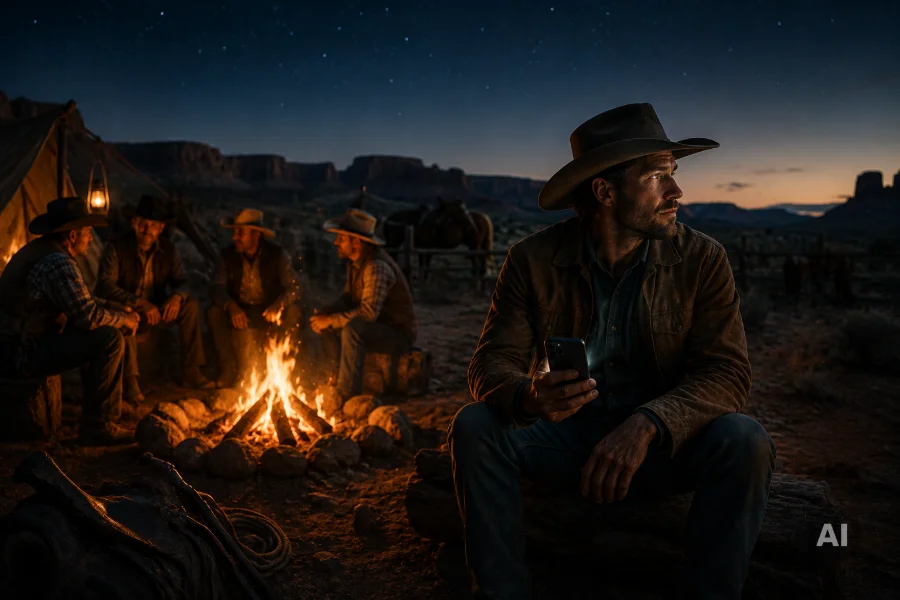 KI-generiertes Bild: Ein Cowboy sitzt abseits der Gruppe am Lagerfeuer und blickt nachdenklich auf sein leuchtendes Smartphone, während die anderen ins Gespräch vertieft sind – symbolisch dafür, dass der Top-Verkäufer innerlich oft schon gekündigt hat, bevor das Gespräch mit dem Headhunter stattfindet.