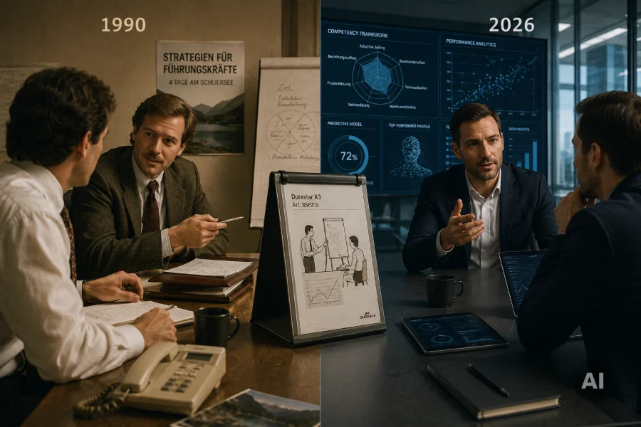 KI-generiertes Split-Bild: Links 1990 in Sepia ein Verkäufer mit Tisch-Flipchart bei einem Strategie-Workshop, rechts 2026 in kühlem Blau zwei Männer vor einem Bildschirm mit Kompetenzmodell, Performance-Analytics und Predictive-Score – symbolisch für den Wandel vom persönlichen Verkaufsgespür zum datengetriebenen Kompetenzmodell.