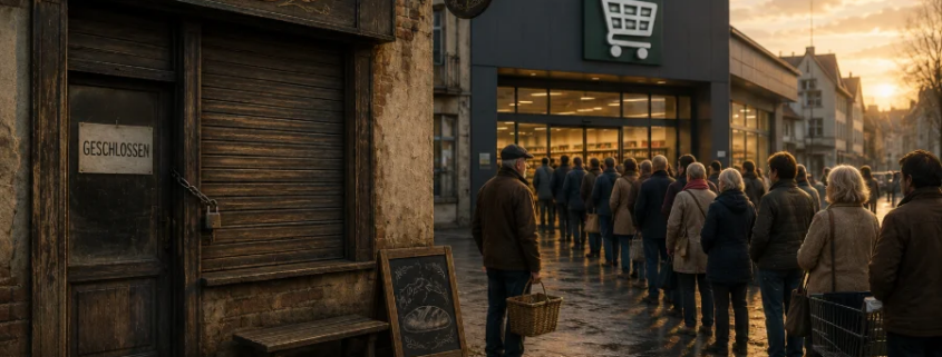KI-generiertes Bild: Eine geschlossene Bäckerei mit Schild „Geschlossen“ neben einem gut besuchten Supermarkt, vor dem sich eine lange Schlange bildet – symbolisch für die Bäckerei-Analogie des Artikels: Wahlmöglichkeiten wurden abgeschafft, bevor man das veränderte Verhalten als Präferenz deutete.