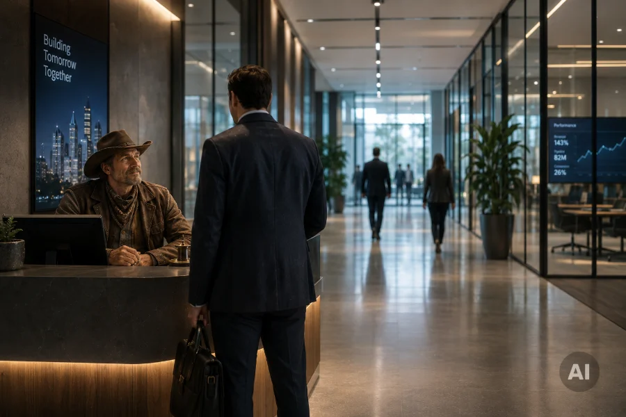 KI-generiertes Bild: Ein Bewerber im Anzug steht mit Aktentasche vor dem Empfang eines modernen Bürogebäudes, an dem ein Cowboy sitzt und ihn ansieht – symbolisch für den ersten menschlichen Moment im Bewerbungsprozess, der oft mehr prägt als der gesamte Ablauf danach.