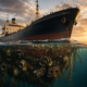 KI-generiertes Bild: Ein großes Frachtschiff bei Sonnenuntergang, halb unter Wasser fotografiert – über der Wasserlinie glatt und intakt, darunter dicht bewachsen mit Muscheln und Algen – symbolisch für die unsichtbare Koordinationslast, die sich unter der Oberfläche eines wachsenden Unternehmens ansammelt.