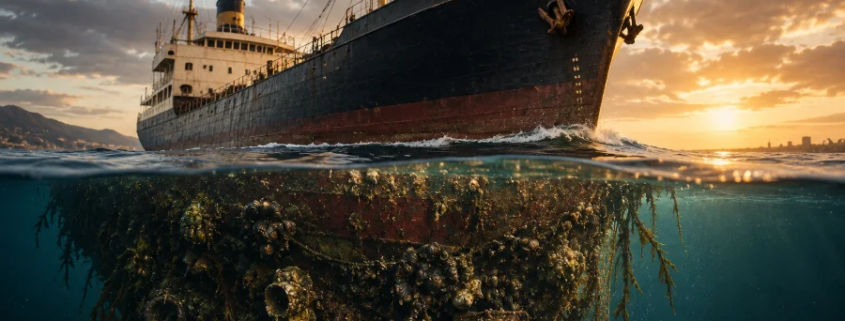 KI-generiertes Bild: Ein großes Frachtschiff bei Sonnenuntergang, halb unter Wasser fotografiert – über der Wasserlinie glatt und intakt, darunter dicht bewachsen mit Muscheln und Algen – symbolisch für die unsichtbare Koordinationslast, die sich unter der Oberfläche eines wachsenden Unternehmens ansammelt.