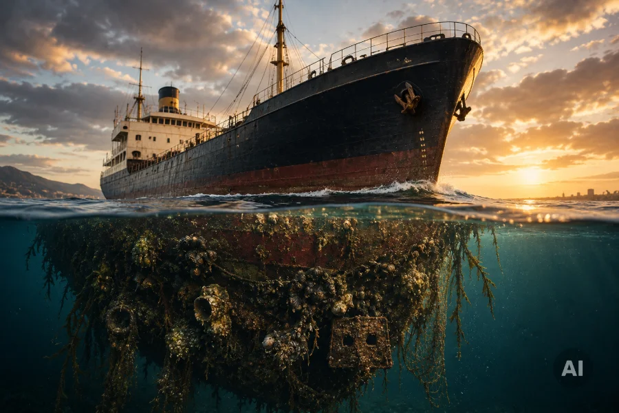 KI-generiertes Bild: Ein großes Frachtschiff bei Sonnenuntergang, halb unter Wasser fotografiert – über der Wasserlinie glatt und intakt, darunter dicht bewachsen mit Muscheln und Algen – symbolisch für die unsichtbare Koordinationslast, die sich unter der Oberfläche eines wachsenden Unternehmens ansammelt.